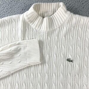 Lacoste Sweater Mens 2XL White Cable Knit Mock Neck Pullover Crocodile Acrylic